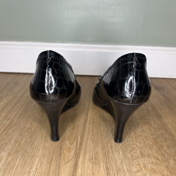 Tory Burch Women’s 37 US 7 Wedge Heels Black Patent Leather Croc Embossed Logo - Picture 6 of 10
